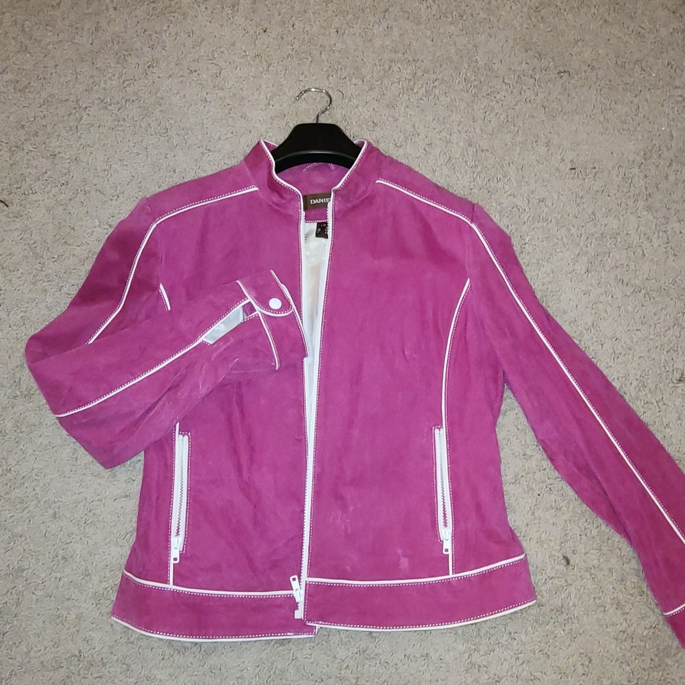 Danier Pink Suede Leather Jacket with White Trim